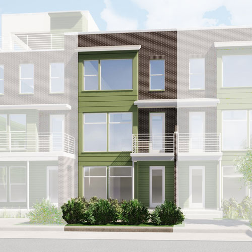 Rendered front elevation of Major League floorplan with brown brick and green hardi accents and large windows